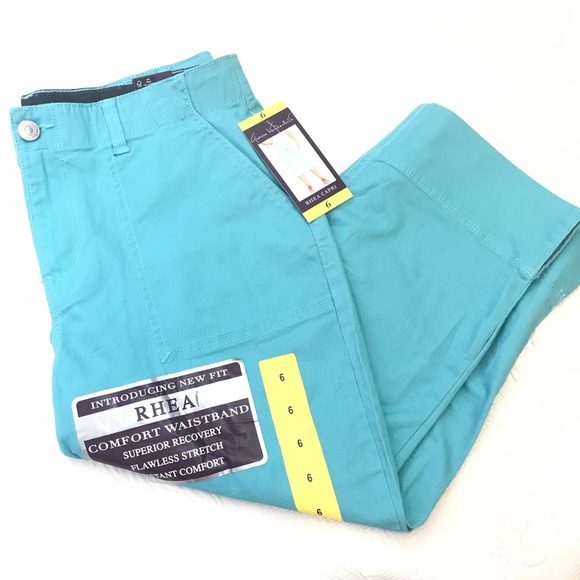 🆕 GLORIA VANDERBILT Aqua Teal Light Blue Cotten Blend Stretch Crop Capri 6 - Picture 2 of 10